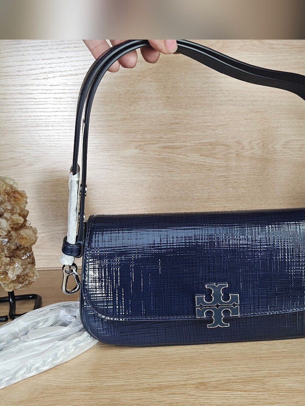 Tory Burch Britten Textured Navy Patent Leather  Crossbody Shoulder Bag .